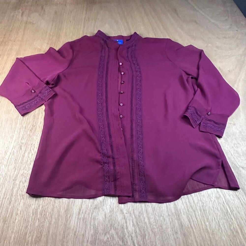 JH Collectibles Burgundy Lace Trim Sheer Blouse 3/4 Sleeve Women's L Fall Top
